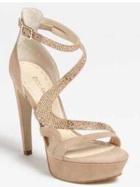 Enzo Angiolini Embellished Champagne Strappy High Heels with Ankle Strap